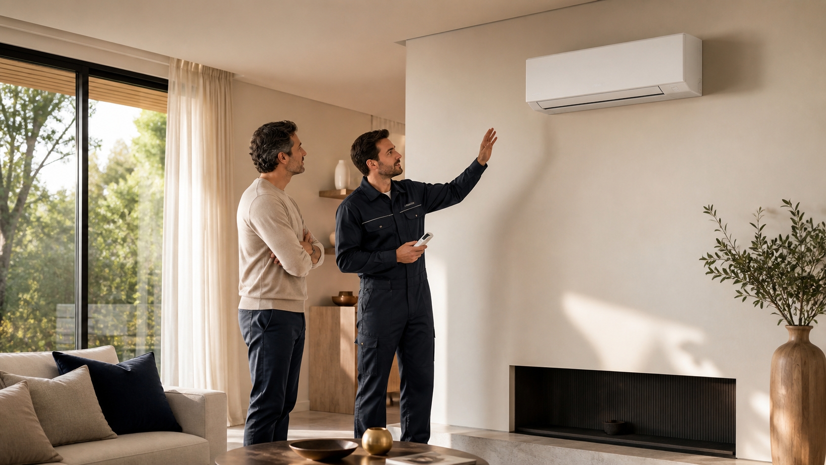 Tecnico A.S. Idroclima con cliente davanti a un climatizzatore installato in ambiente domestico