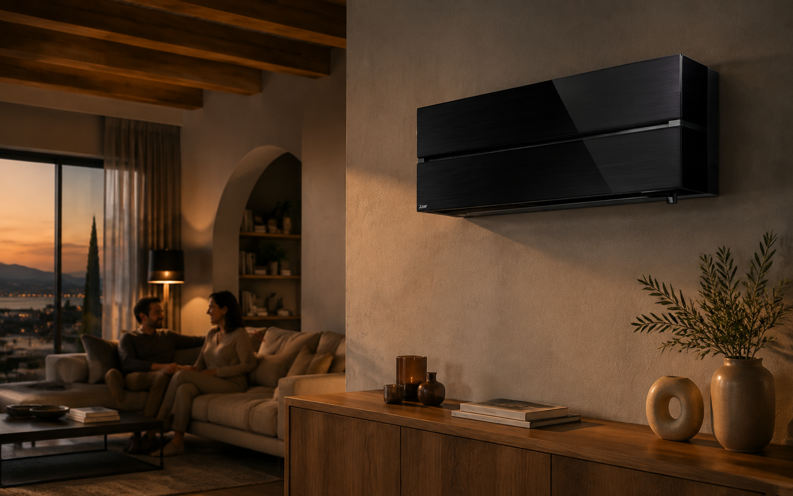 Climatizzatore Mitsubishi Electric installato in un ambiente domestico caldo e accogliente